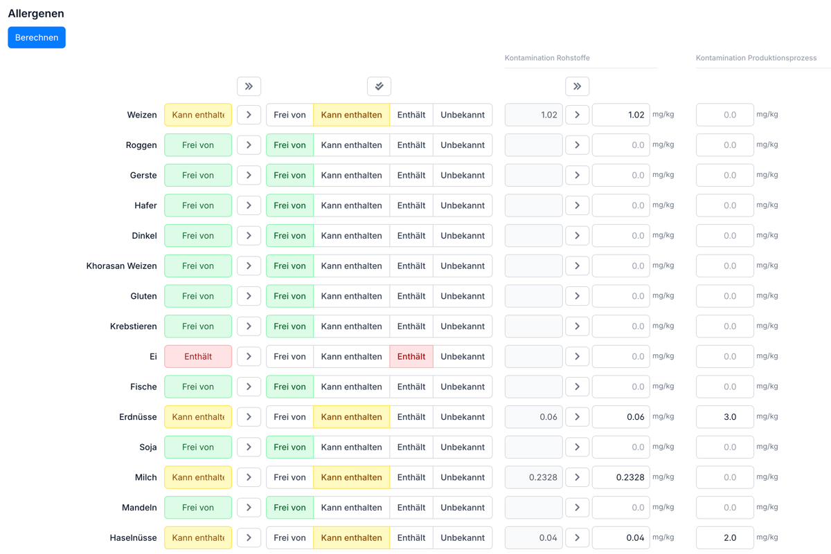 Allergenübersicht in Eclarion: pro Rohstoff der Allergenstatus (abwesend, kann enthalten, vorhanden) für alle 14 EU-Allergene