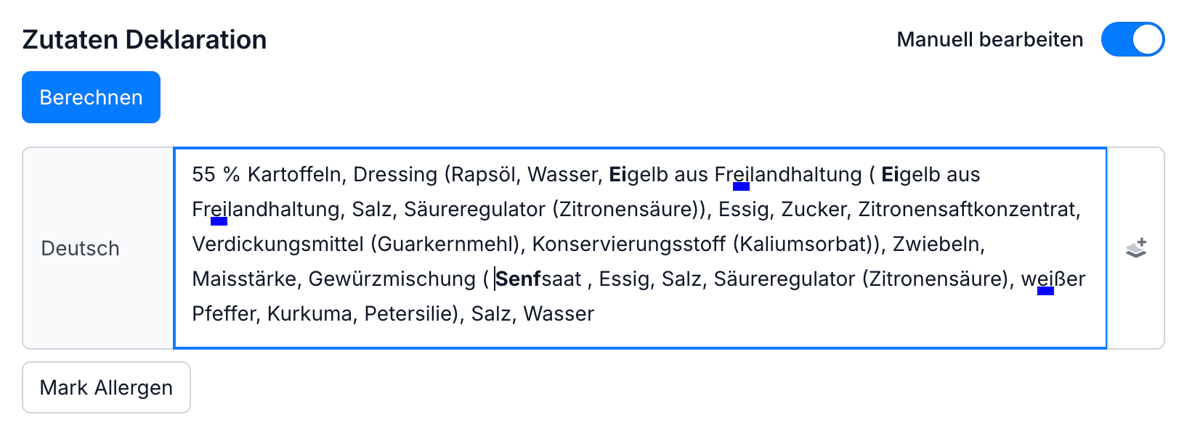 Automatisch generiertes Etikett in Eclarion mit Zutatenliste und Nährwertdeklaration pro 100 Gramm
