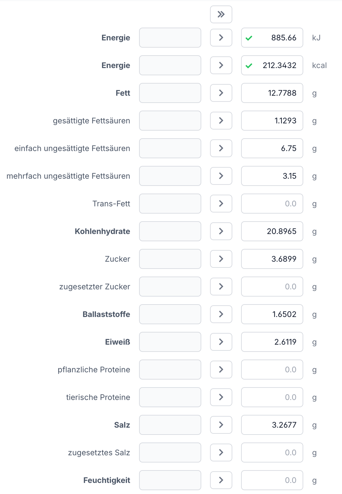Automatische Nährwertberechnung in Eclarion: Energie, Fette, Kohlenhydrate, Eiweiß und Salz berechnet aus der Rezeptur