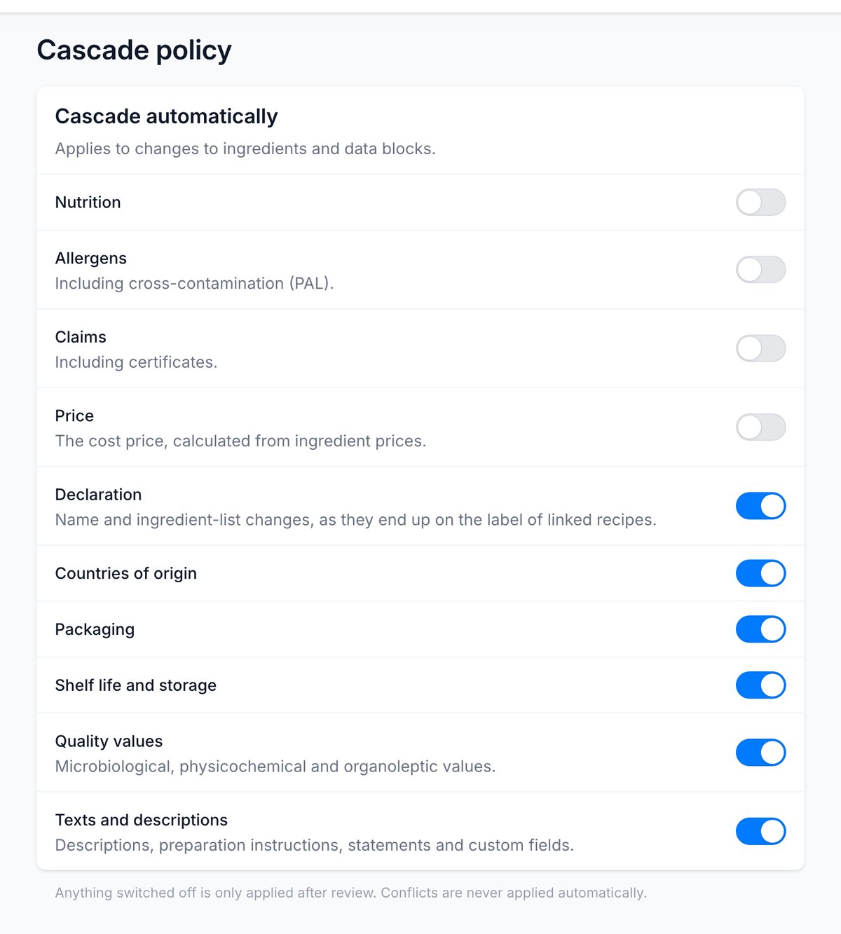 The Cascade policy with the ten categories