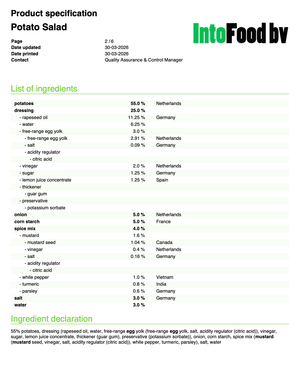Product specification as PDF with ingredient list and nutritional values