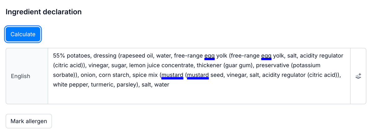 Generated declaration text with bold allergens