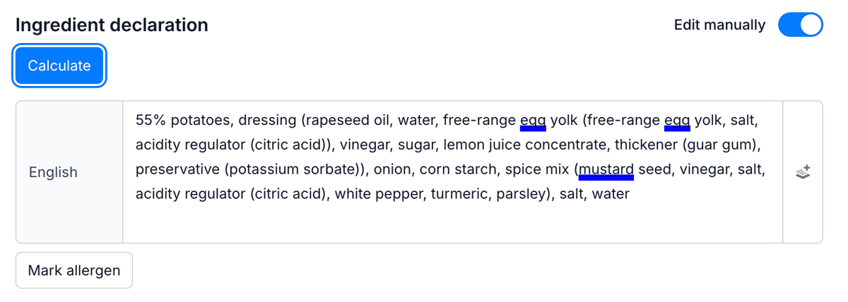 Automatically generated label in Eclarion with ingredient declaration and nutrition declaration per 100 grams