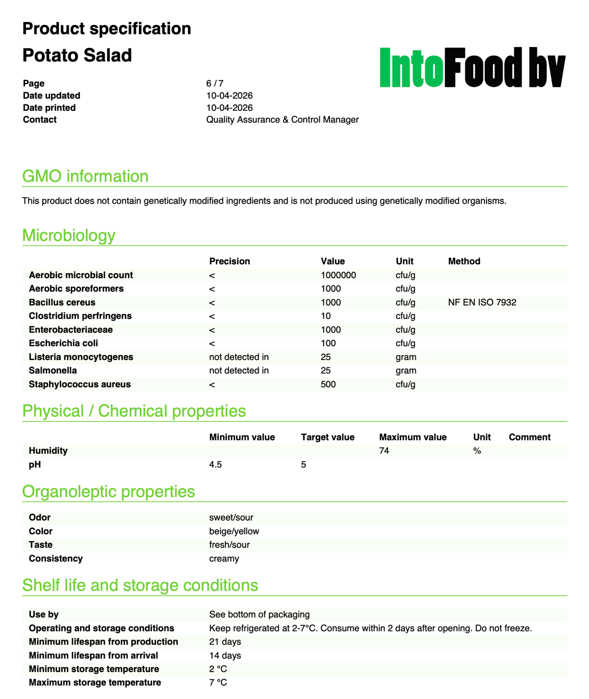 Example of a product specification with microbiological parameters, physicochemical properties and shelf life