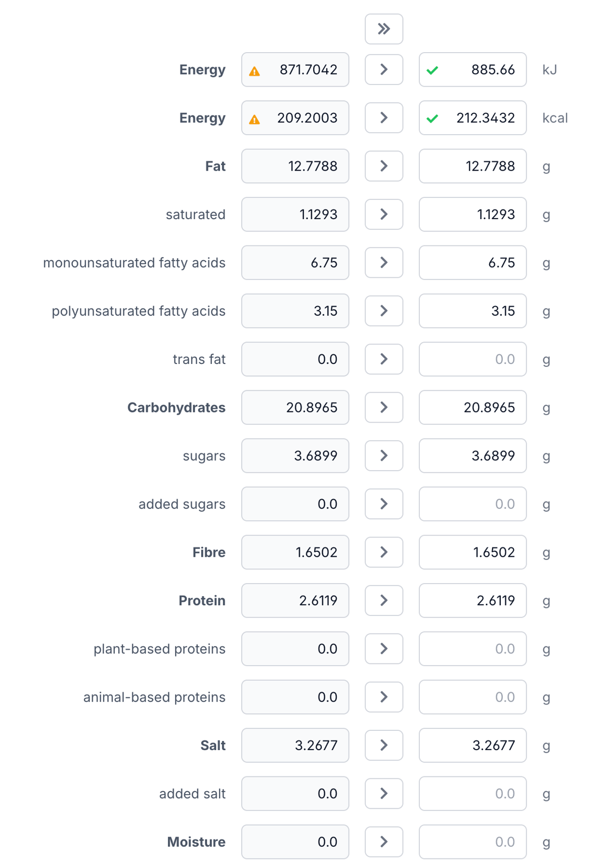 Automatic nutritional value calculation in Eclarion: energy, fats, carbohydrates, proteins, and salt calculated from the recipe