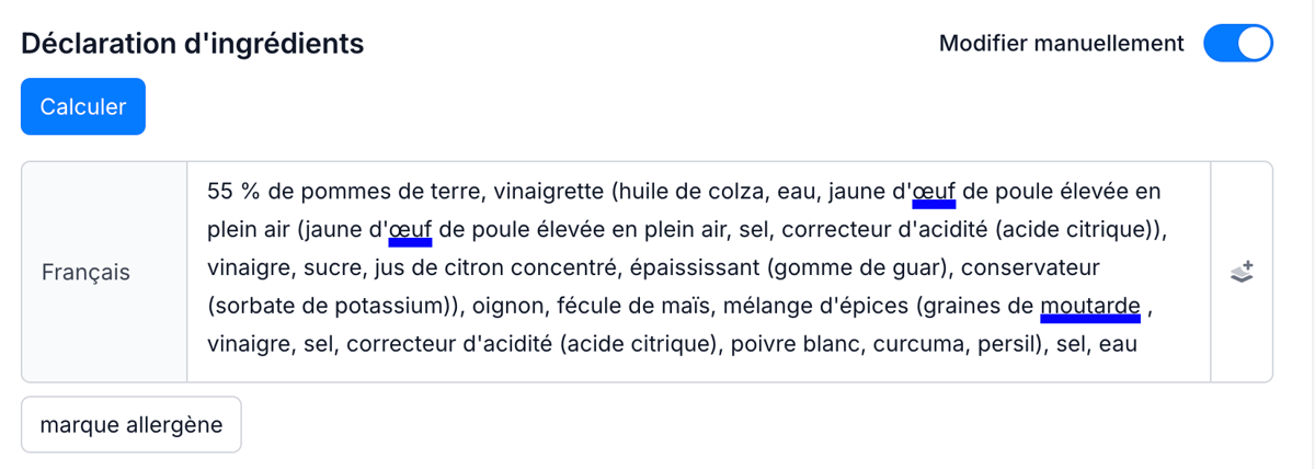Étiquette générée automatiquement dans Eclarion avec liste des ingrédients et déclaration nutritionnelle pour 100 grammes
