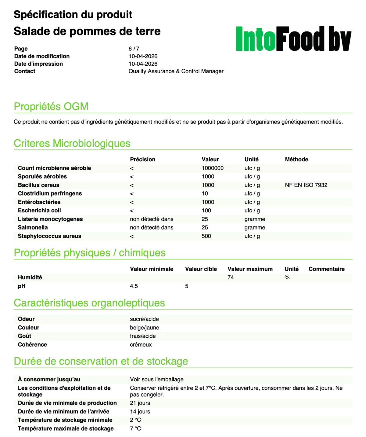 Exemple de fiche technique avec paramètres microbiologiques, propriétés physico-chimiques et durabilité