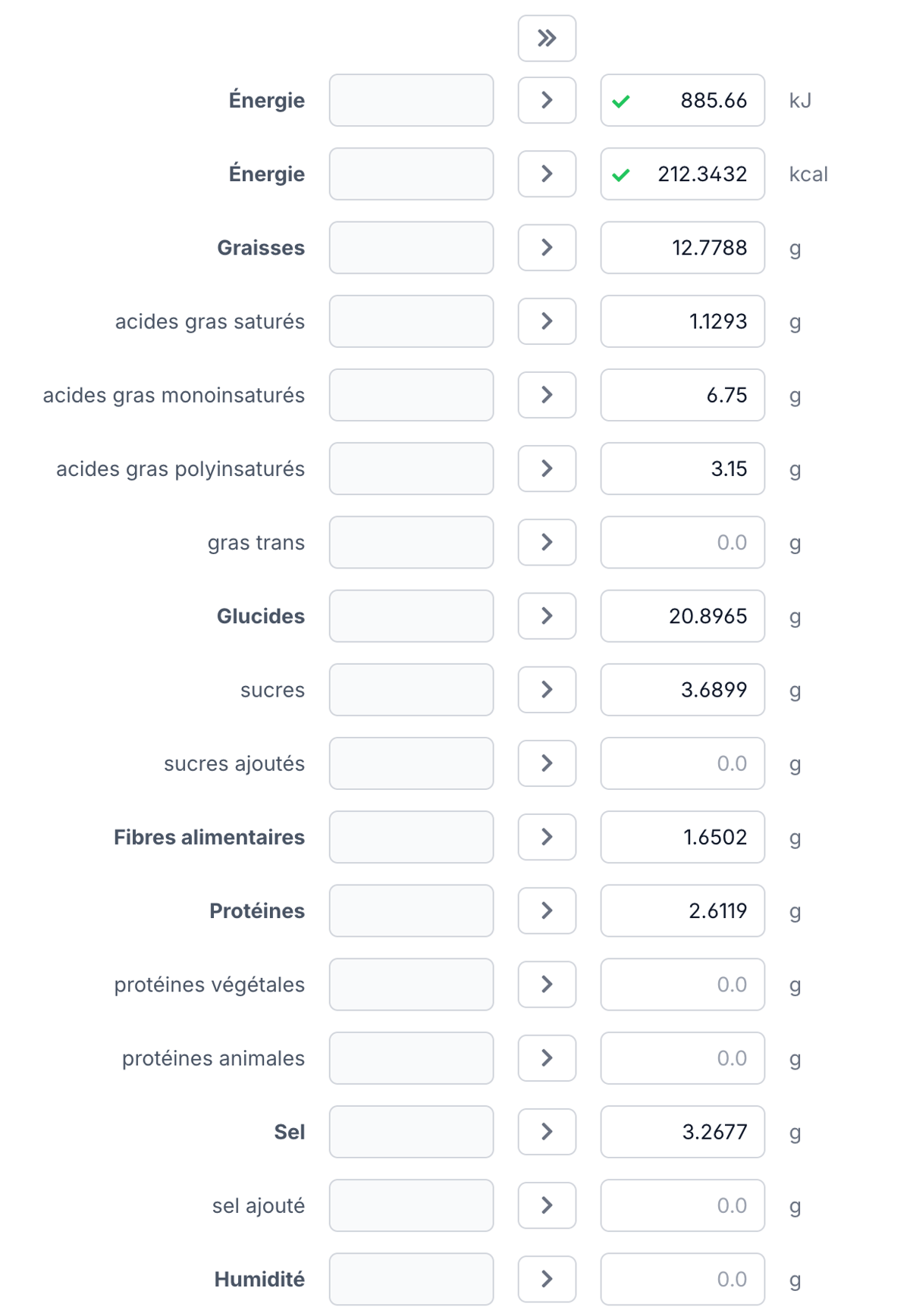 Calcul automatique des valeurs nutritionnelles dans Eclarion&nbsp;: énergie, lipides, glucides, protéines et sel calculés à partir de la recette