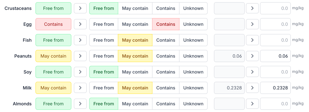 Gestion des allergènes par matière première dans Eclarion avec les statuts exempt, peut contenir et contient