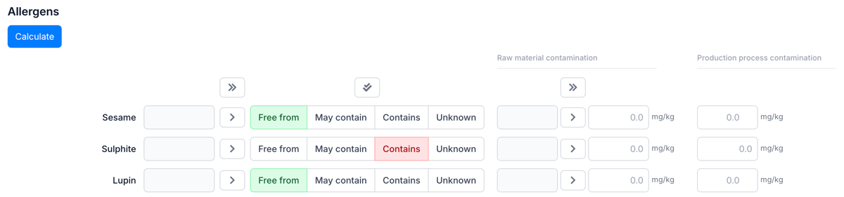 Riga solfiti nella scheda allergeni con campi mg/kg e badge soglia