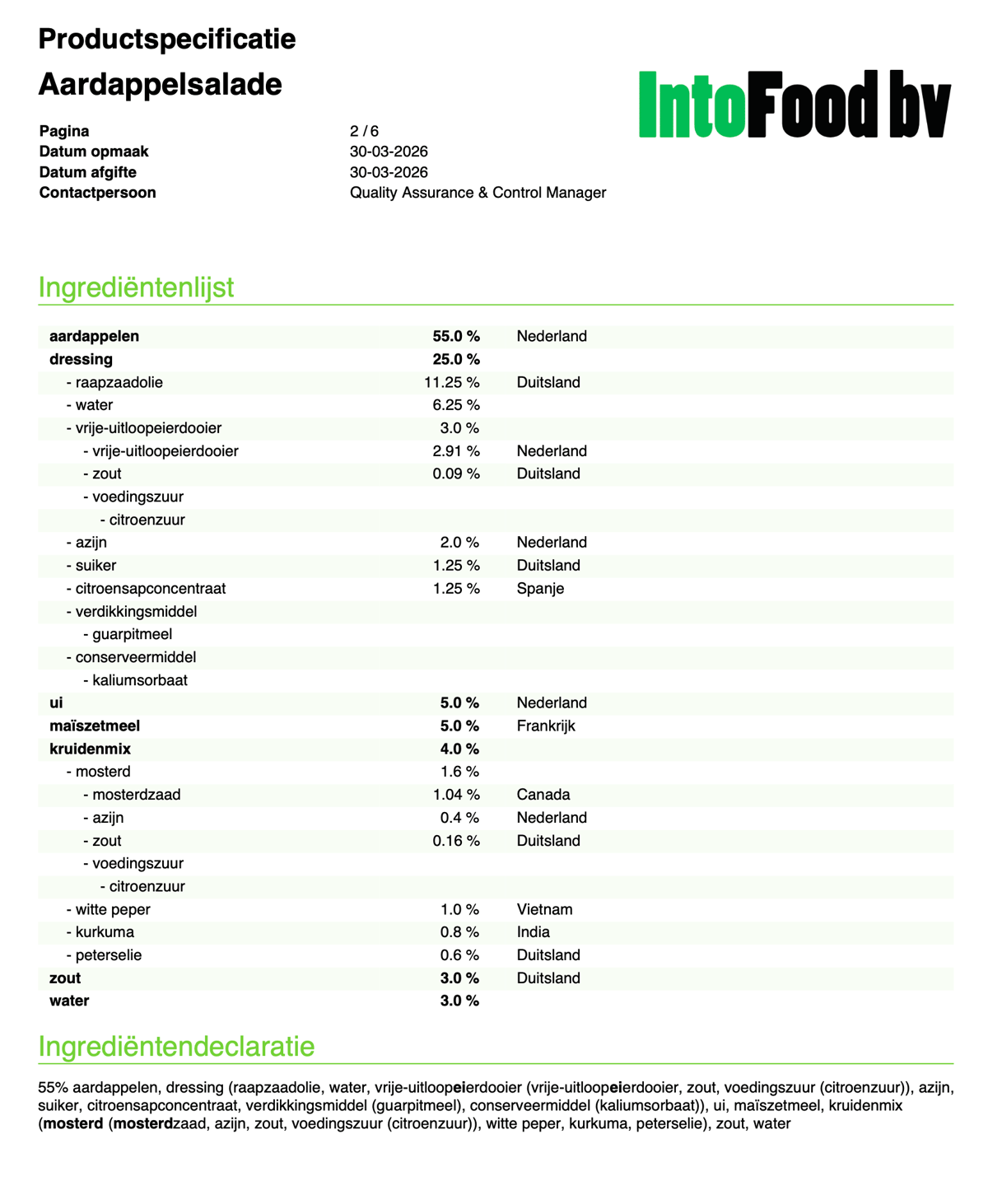 Productspecificatie als PDF met ingrediëntenlijst en voedingswaarden
