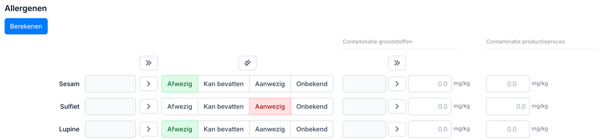 Sulfiet-rij op het allergenentab met mg/kg invoervelden en drempelbadge