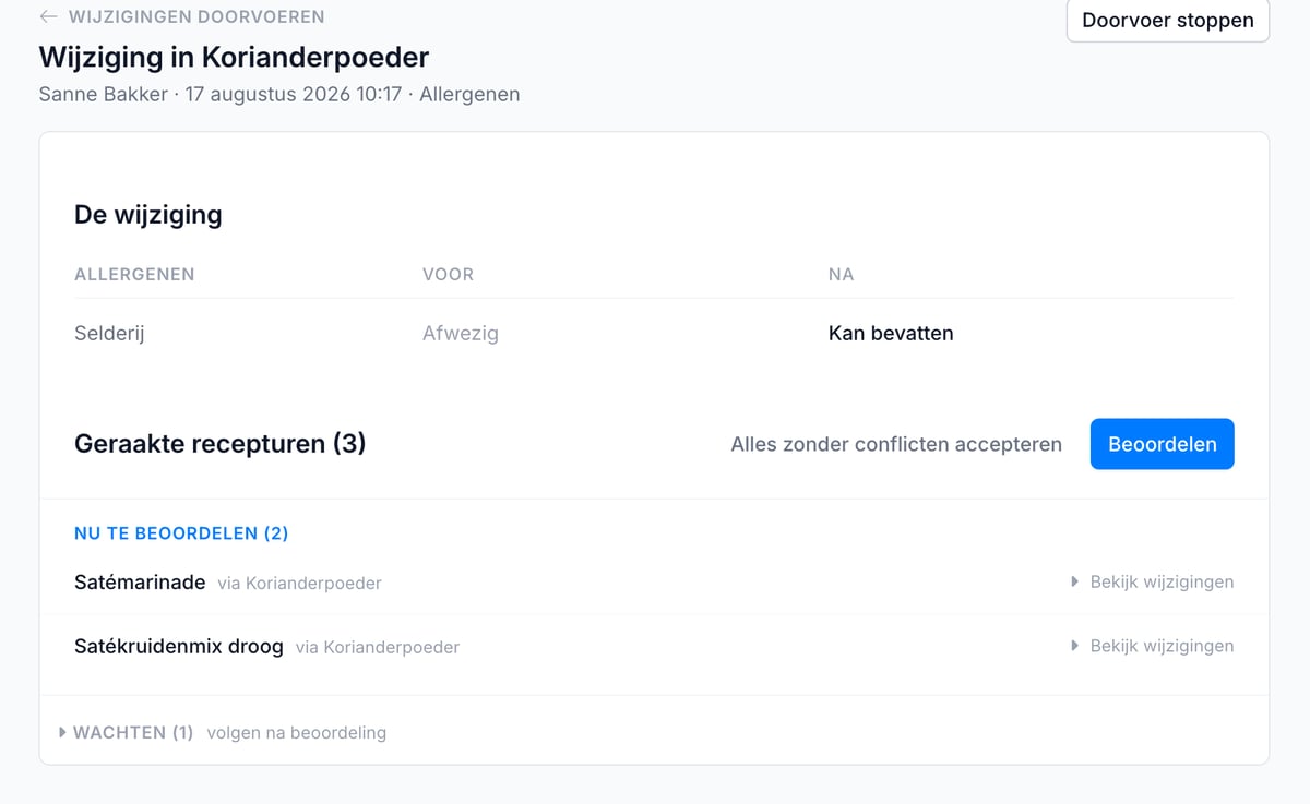 Het dossier met bovenaan de allergeenwijziging en daaronder de geraakte recepturen