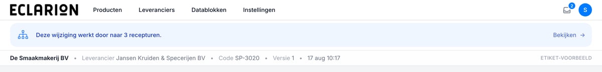De banner "Deze wijziging werkt door naar 3 recepturen" direct na het opslaan van de grondstof Korianderpoeder