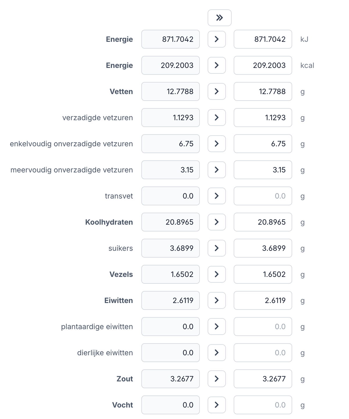 Automatische voedingswaardecalculatie in Eclarion: energie, vetten, koolhydraten, eiwitten en zout berekend vanuit de receptuur