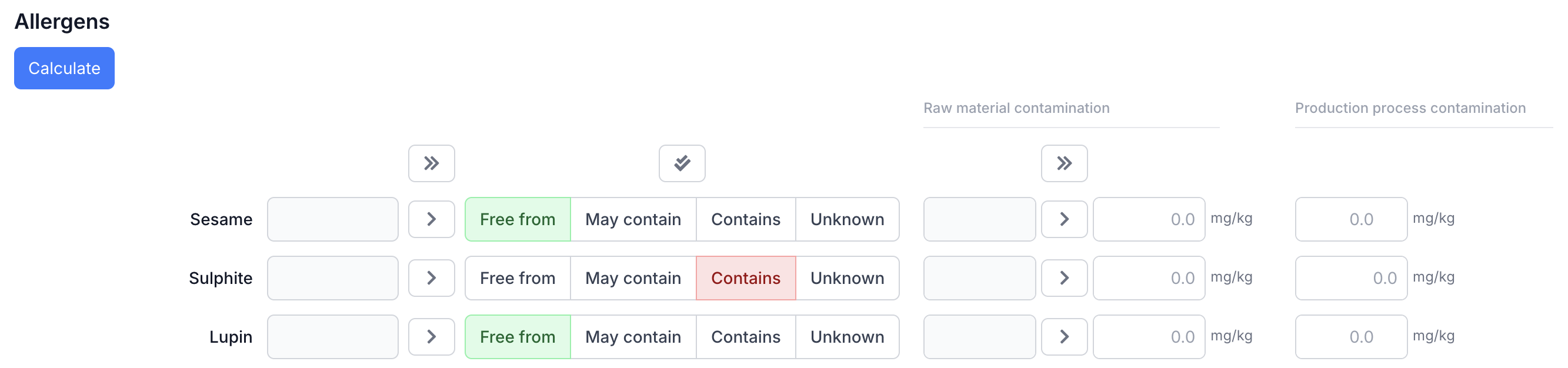 Sulphite row on allergen tab with mg/kg input fields and threshold badge