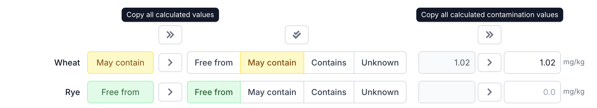 Copy all buttons at the top of the columns