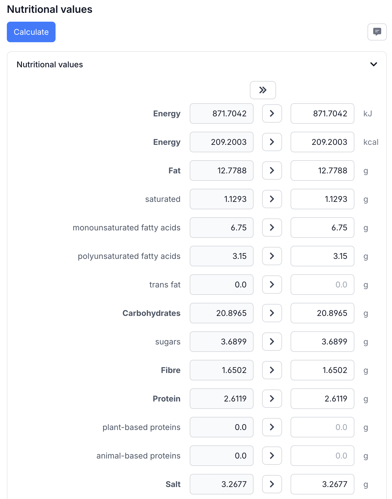 Nutritional values calculated from the bill of materials