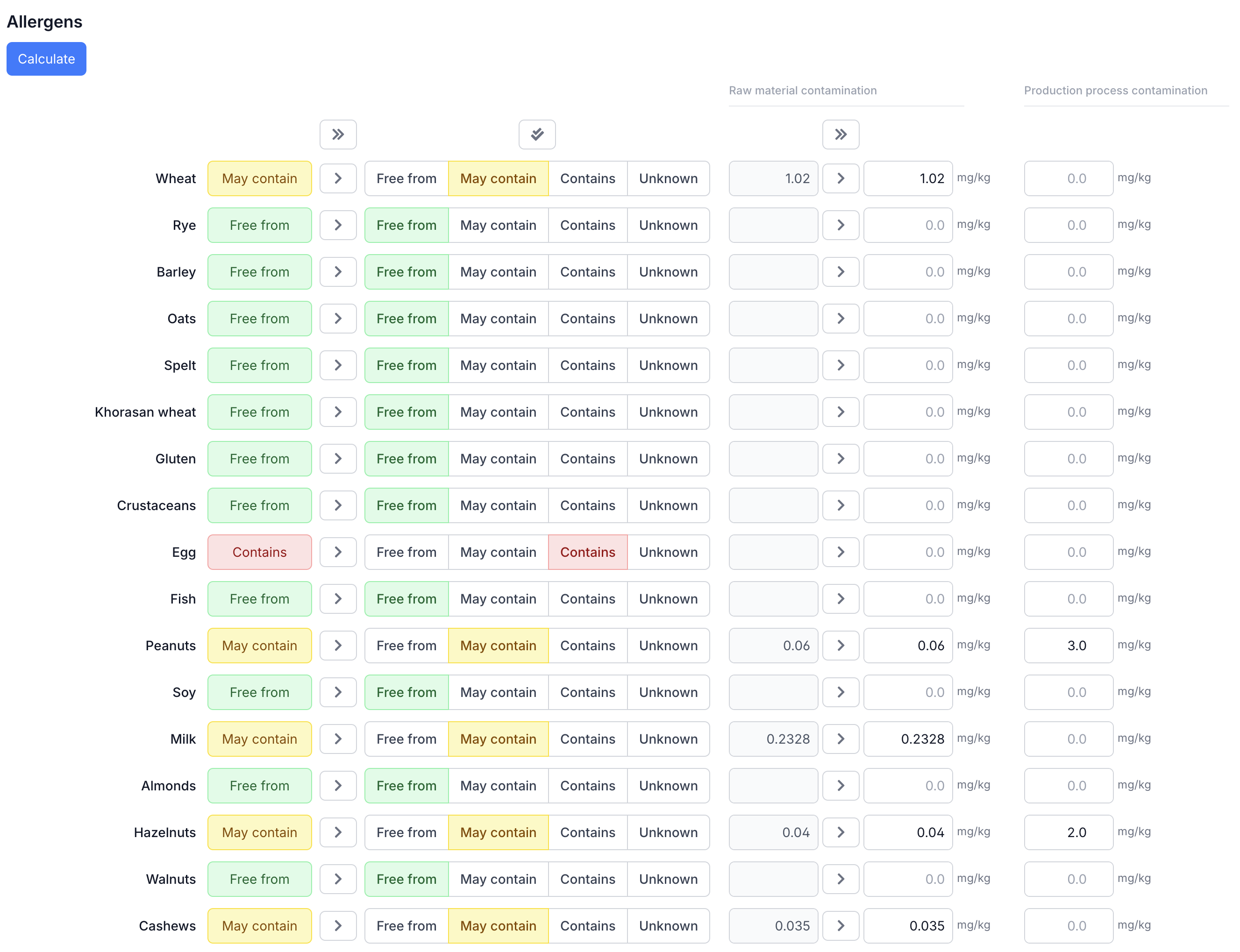 Allergens calculated from the bill of materials