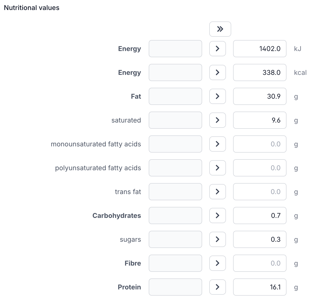 Entering nutritional values per ingredient