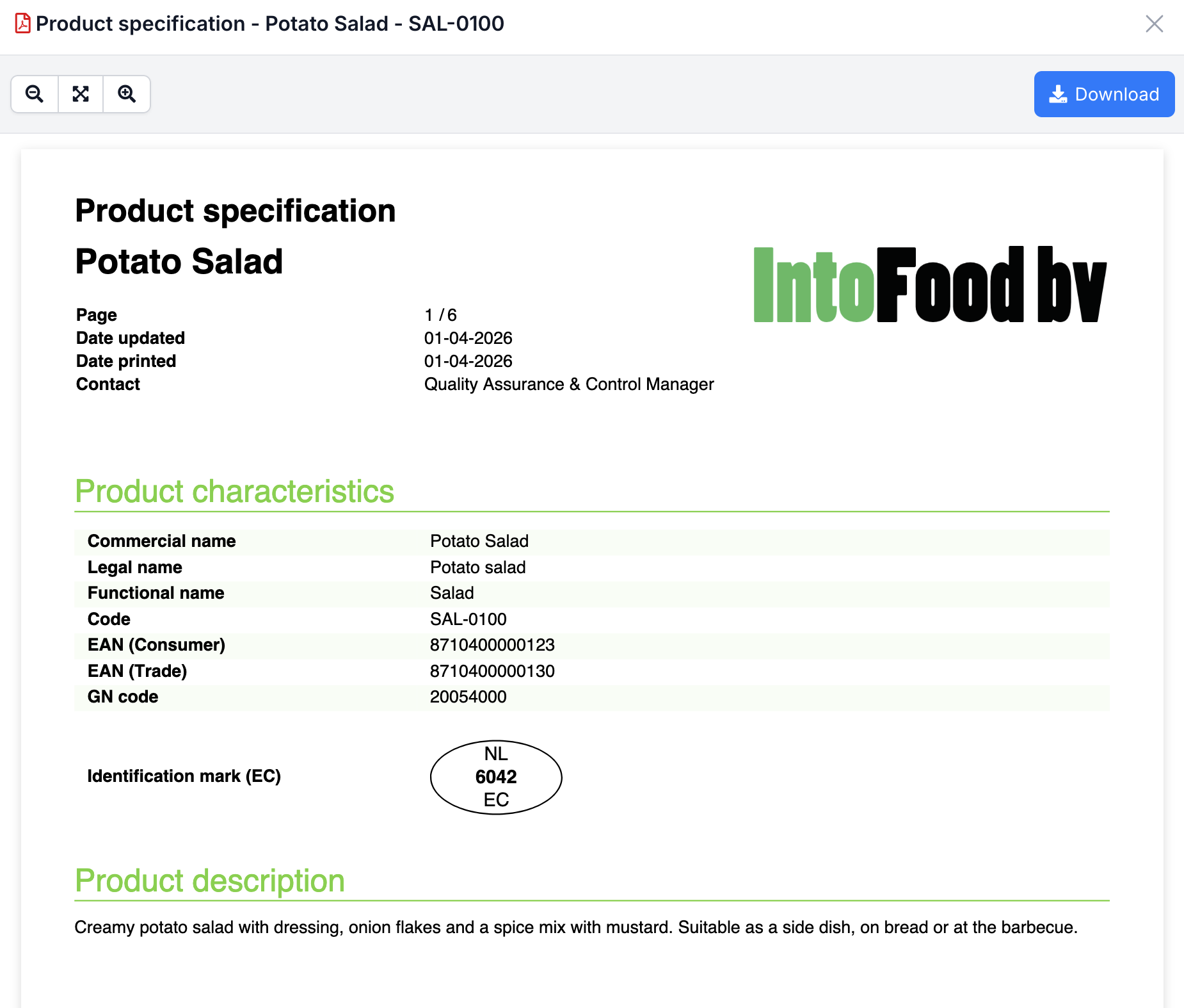 Product specification preview with download button