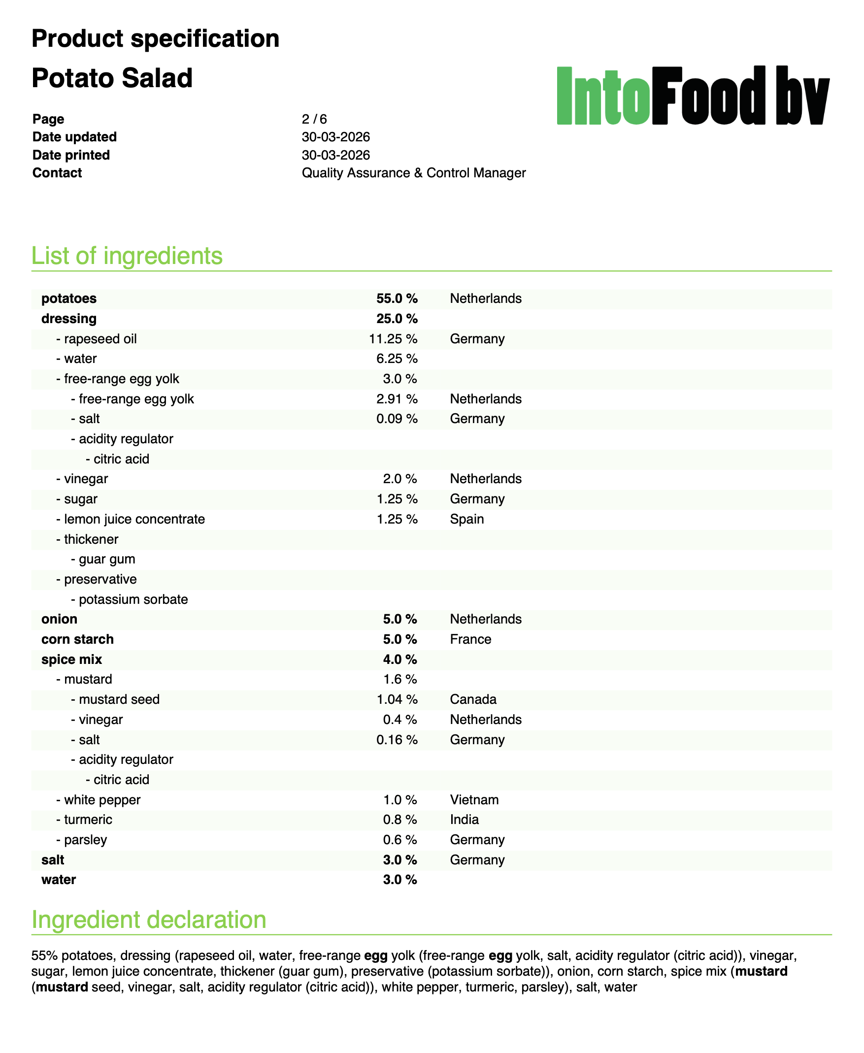 Product specification as PDF with ingredient list and nutritional values