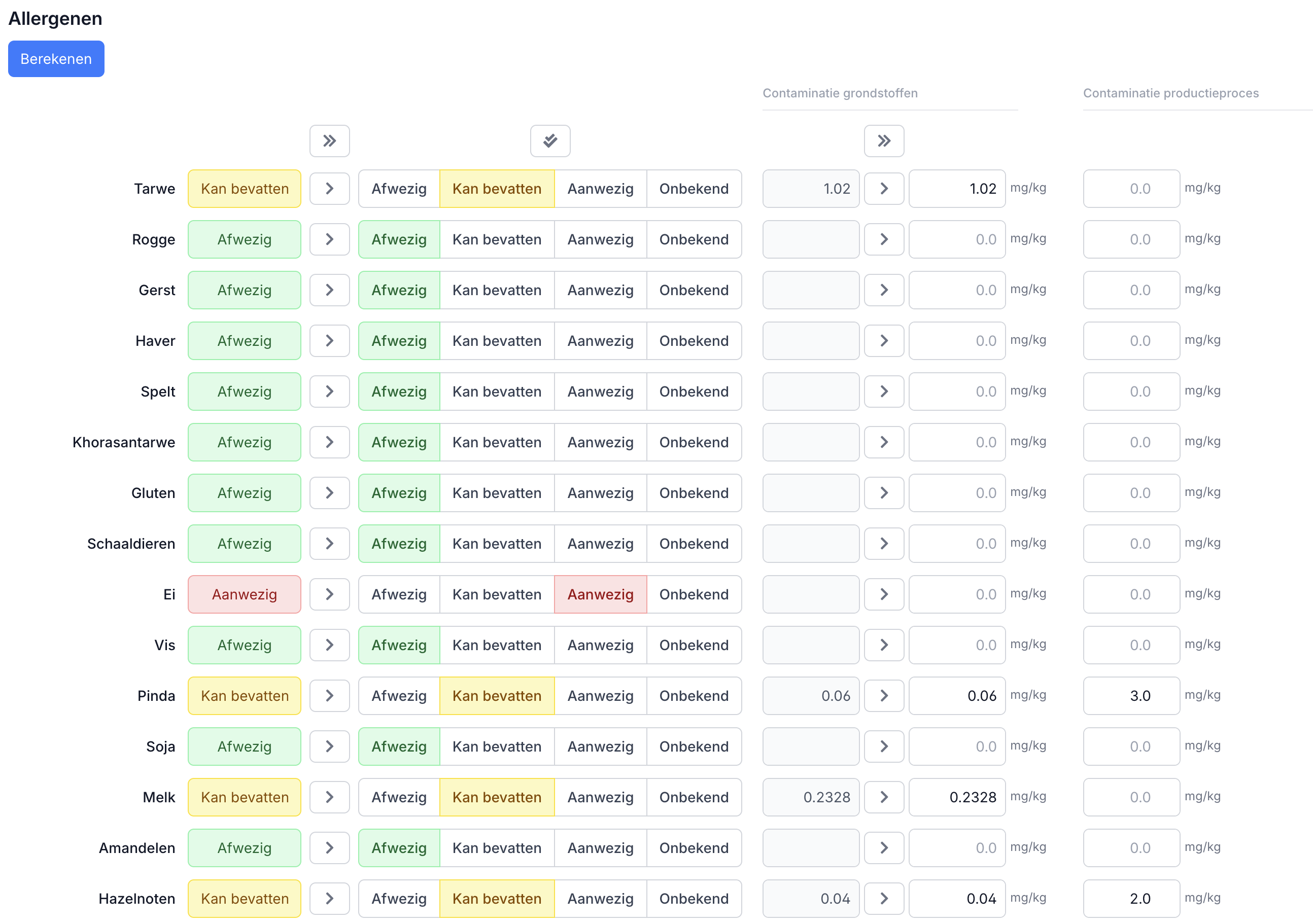 Aperçu des allergènes dans Eclarion&nbsp;: par matière première le statut allergène (absent, peut contenir, présent) pour les 14 allergènes UE