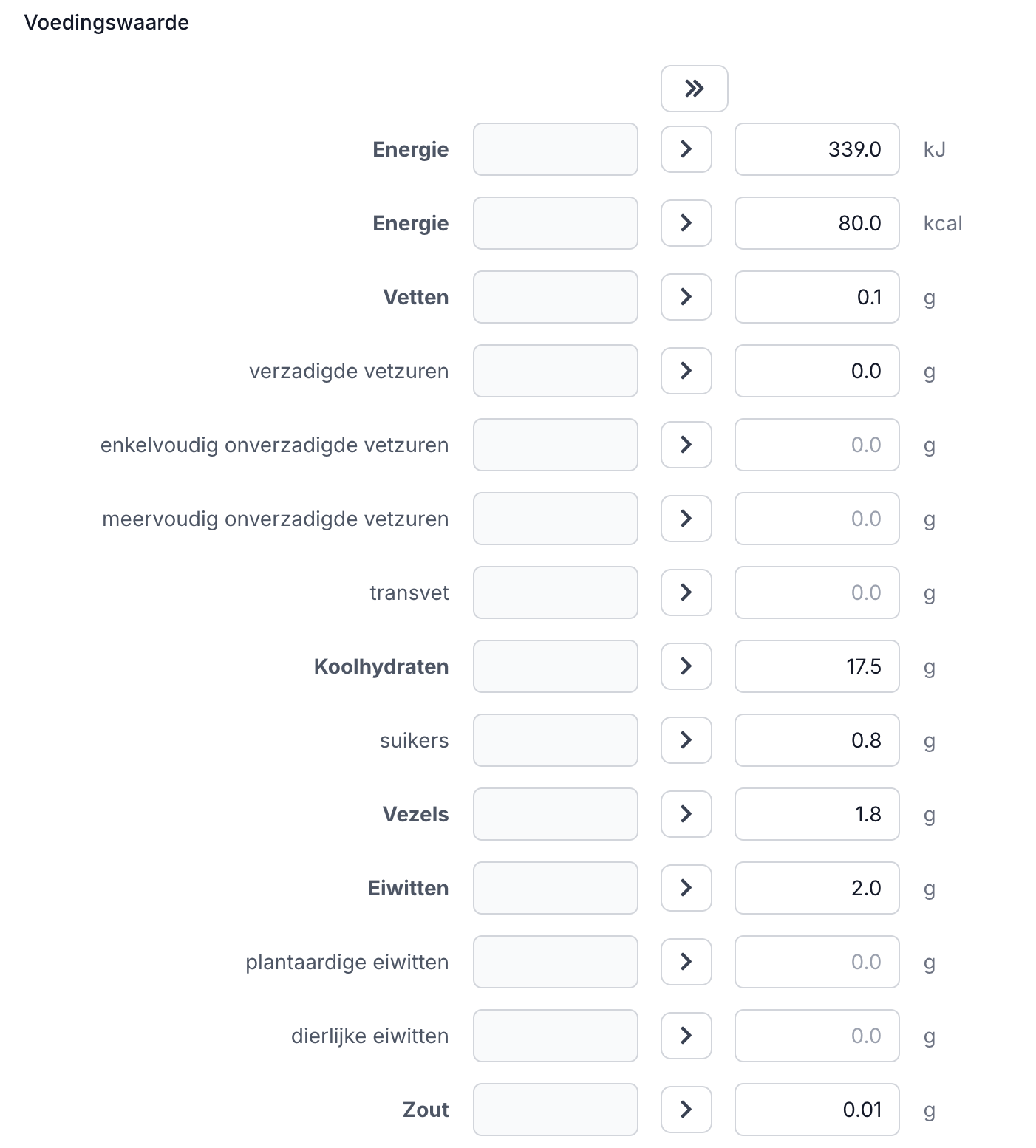 Voedingswaarden invoeren per ingrediënt