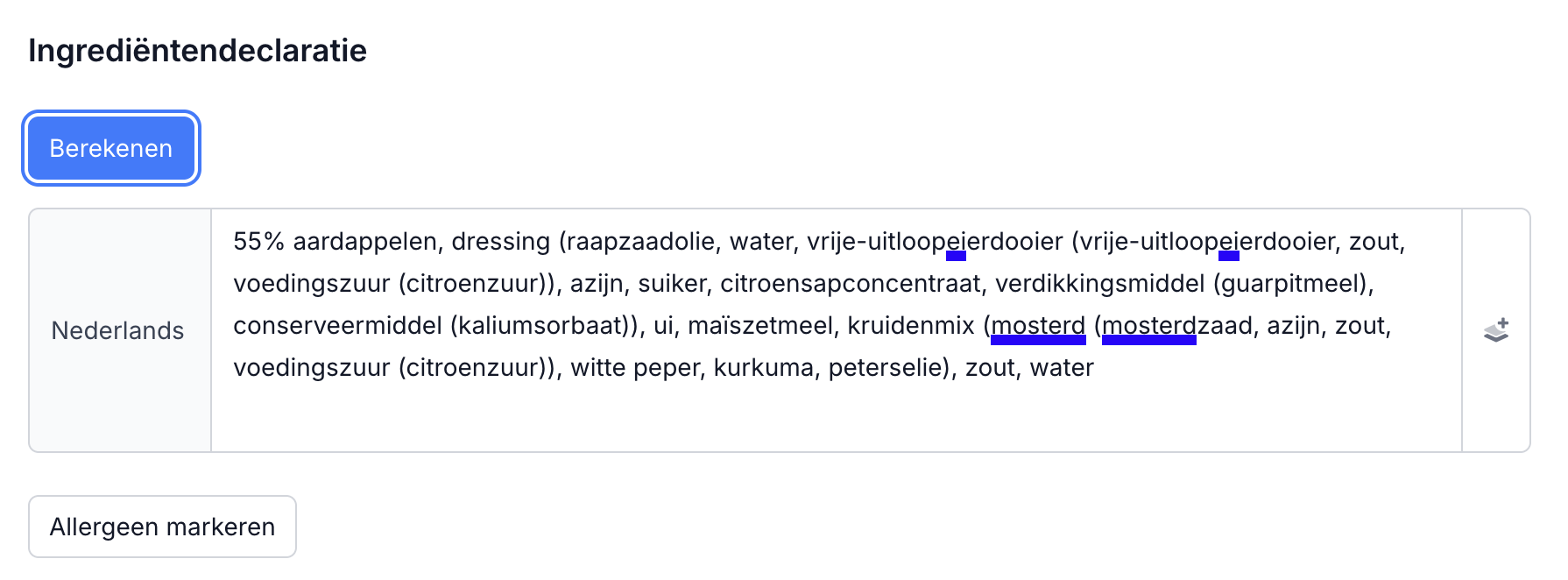 Gegenereerde declaratietekst met vetgedrukte allergenen