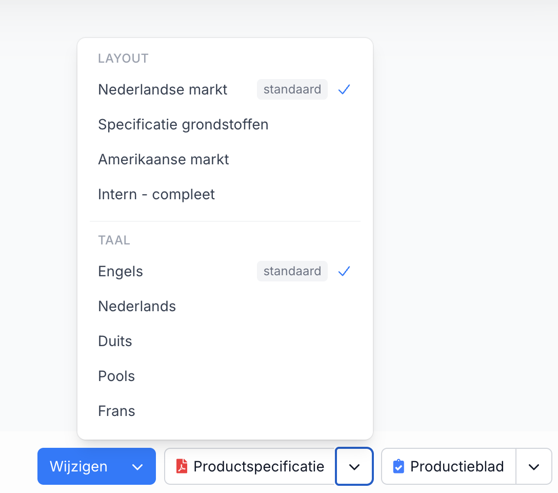 Layout en taal kiezen voor de specificatie