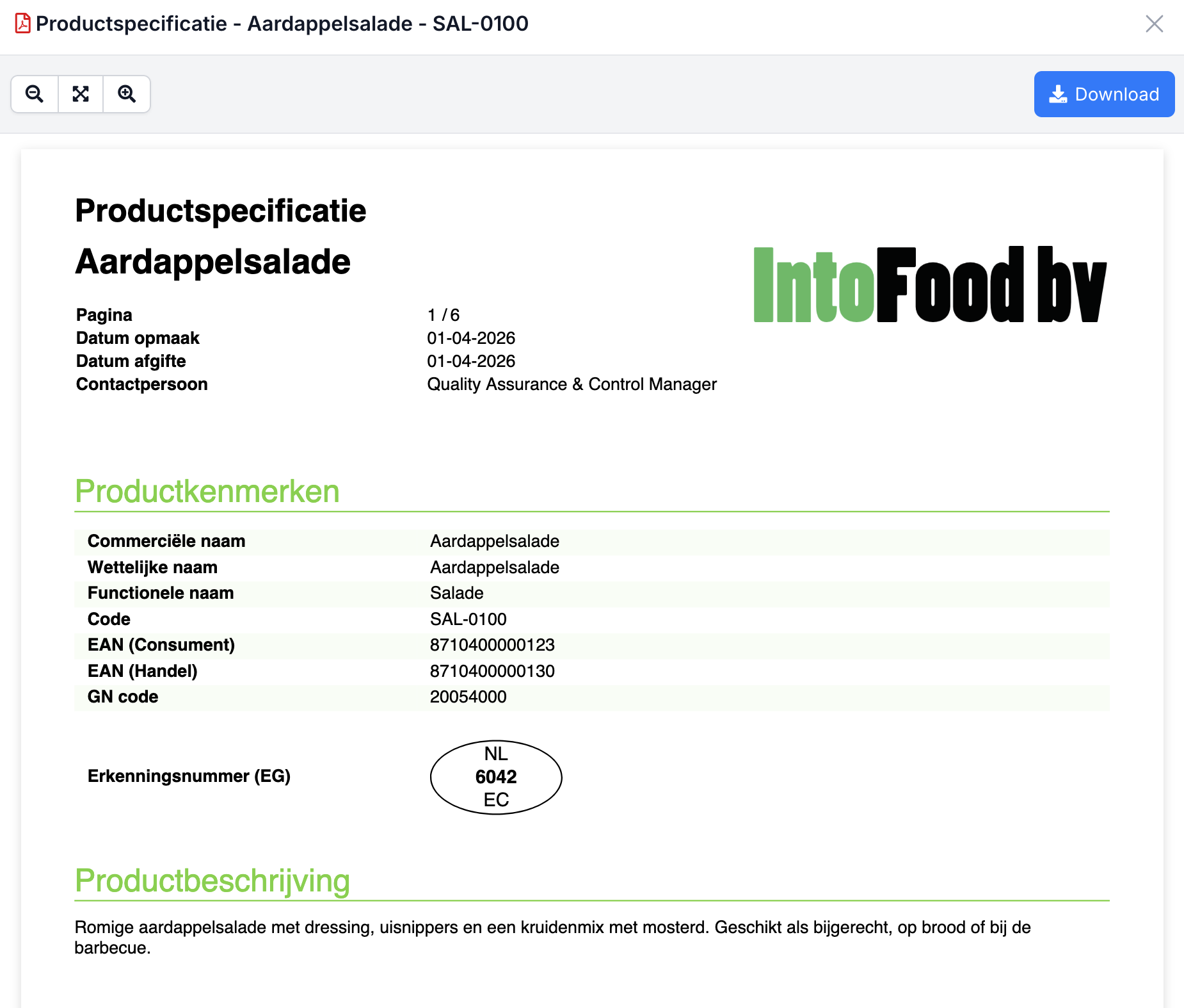 Productspecificatie preview met download-knop
