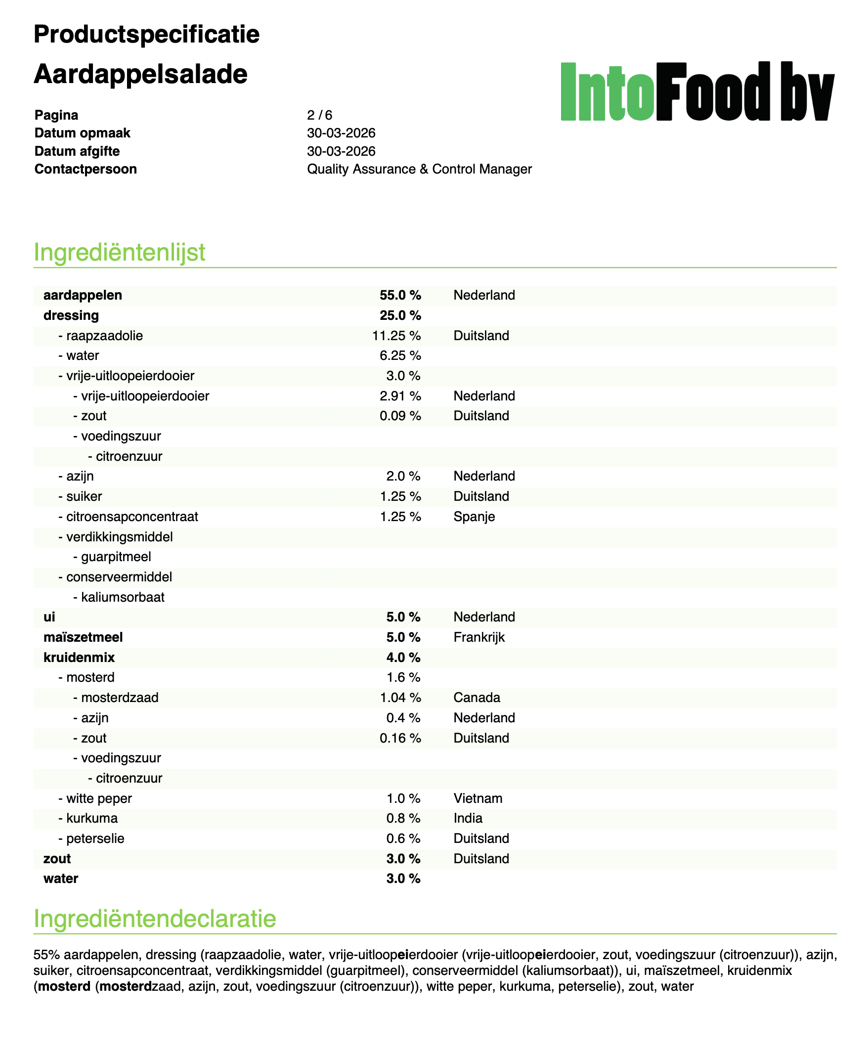 Productspecificatie als PDF met ingrediëntenlijst en voedingswaarden