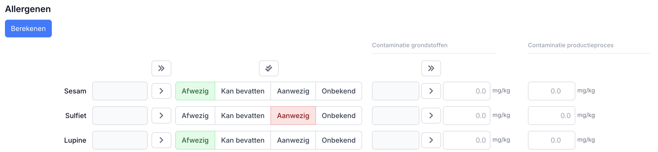 Sulfiet-rij op het allergenentab met mg/kg invoervelden en drempelbadge